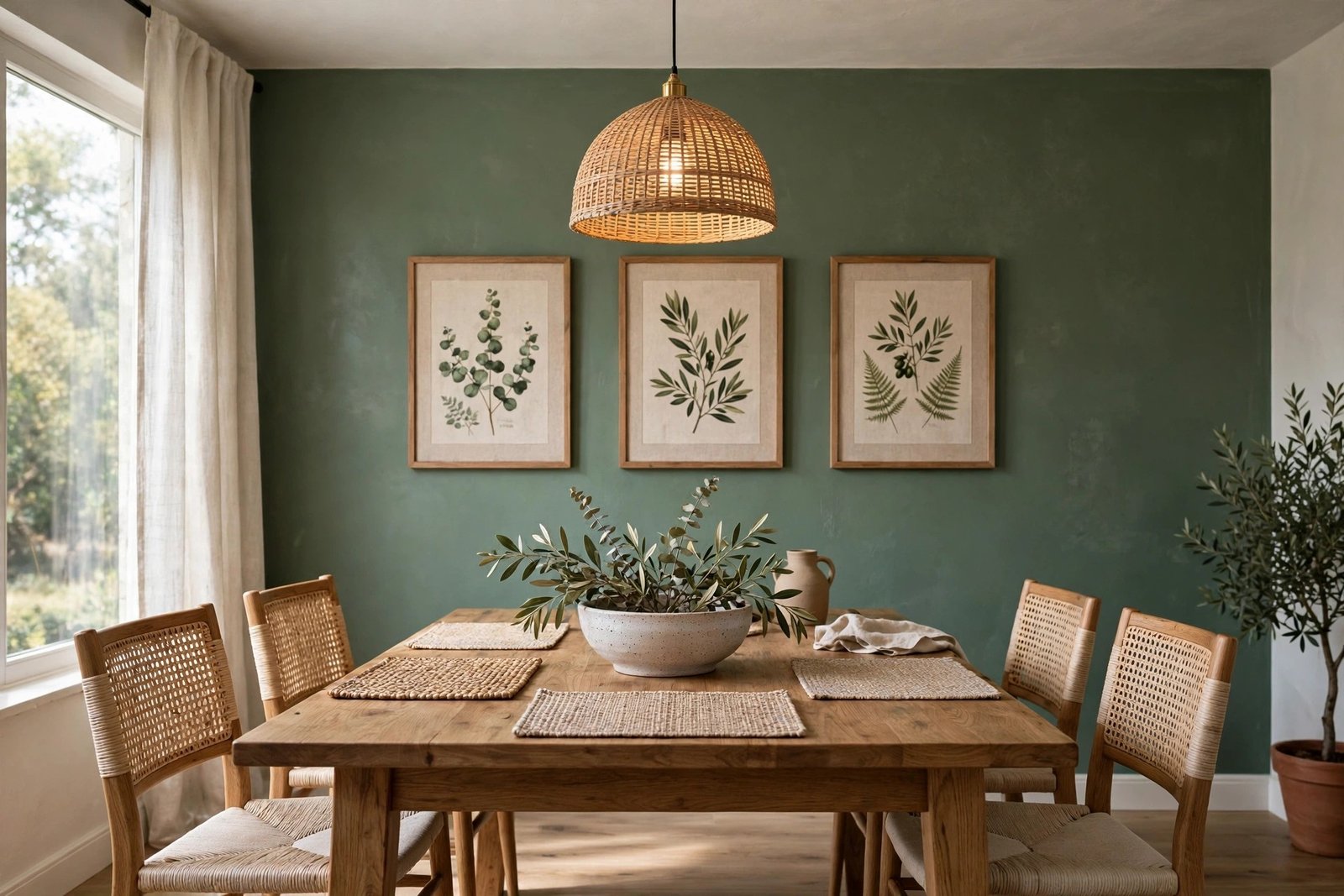 Deep sage green dining room accent wall with botanical art prints and a wooden dining table