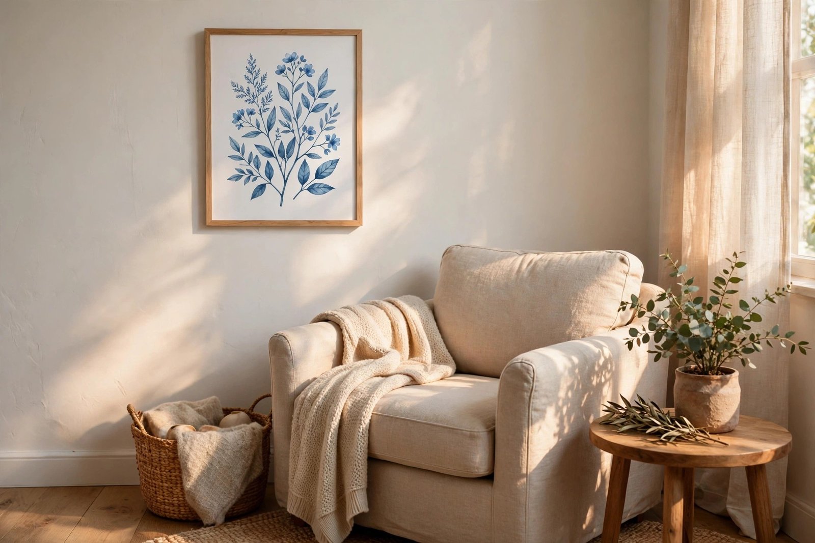 Small reading nook with a single blue botanical art print in a wooden frame above an armchair
