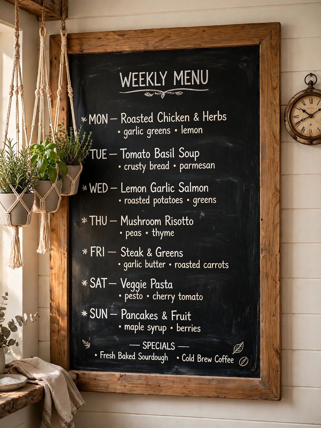 Kitchen chalkboard menu wall with handwritten weekly menu, herb pots and warm wood frame