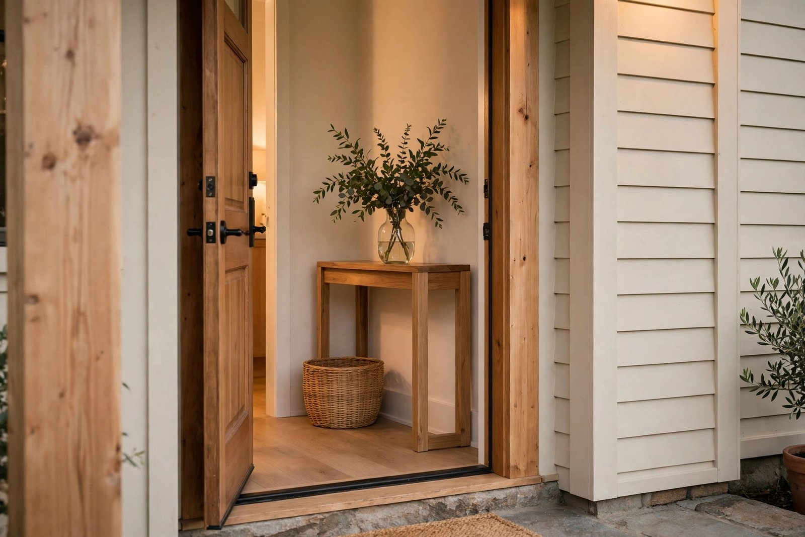 Open wooden front door revealing a warm entry with a console table, green branches and woven basket