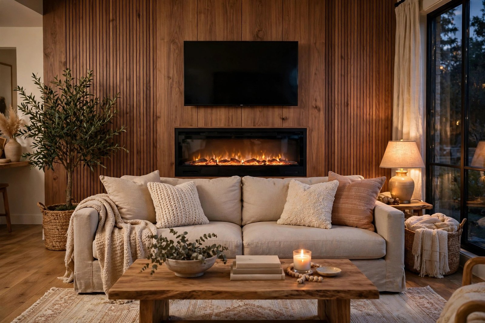 Television mounted above a modern fireplace on a wood-panelled living room wall