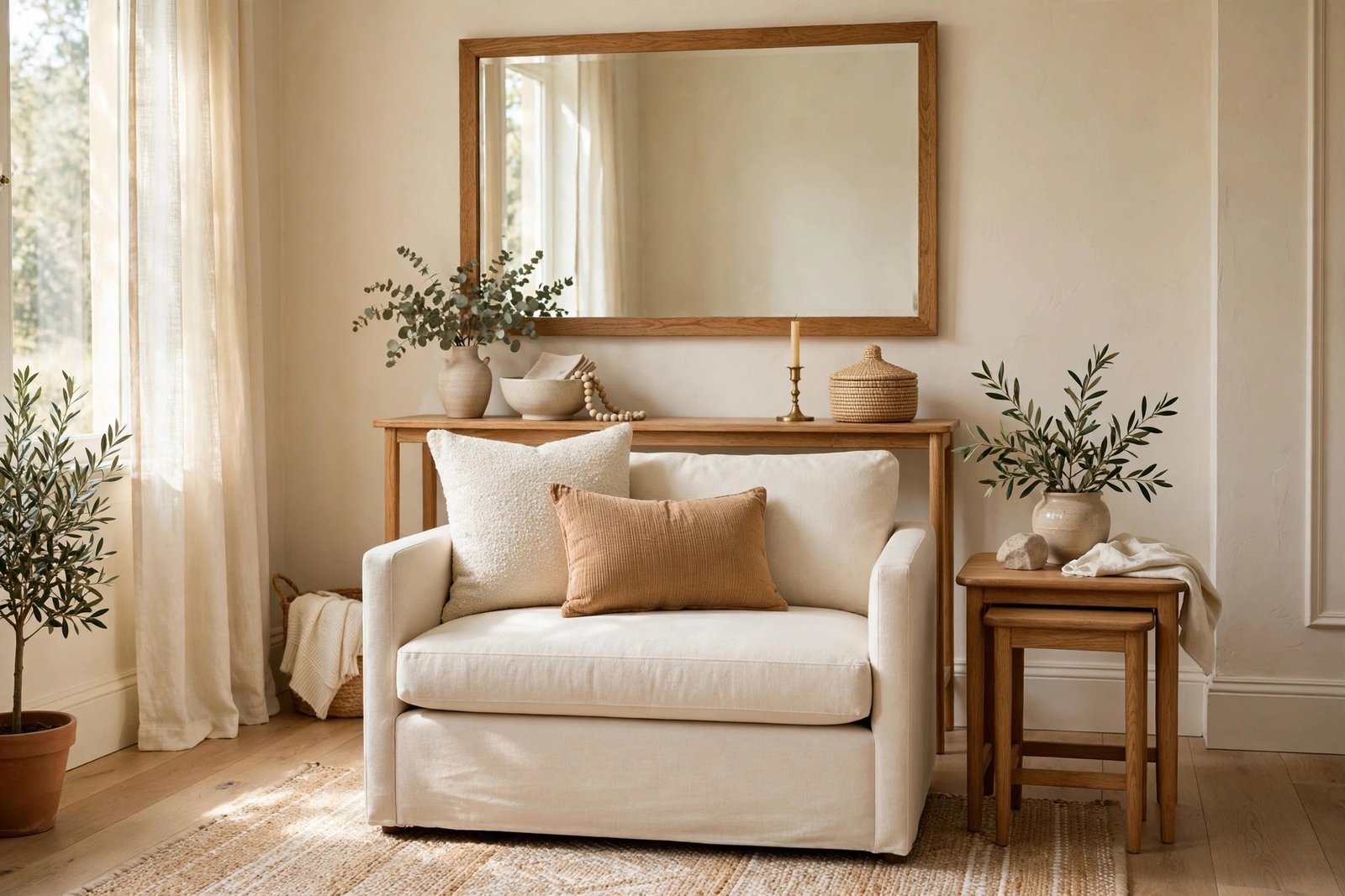 Cream loveseat with nesting side tables and a large mirror above a slim console in a small living room