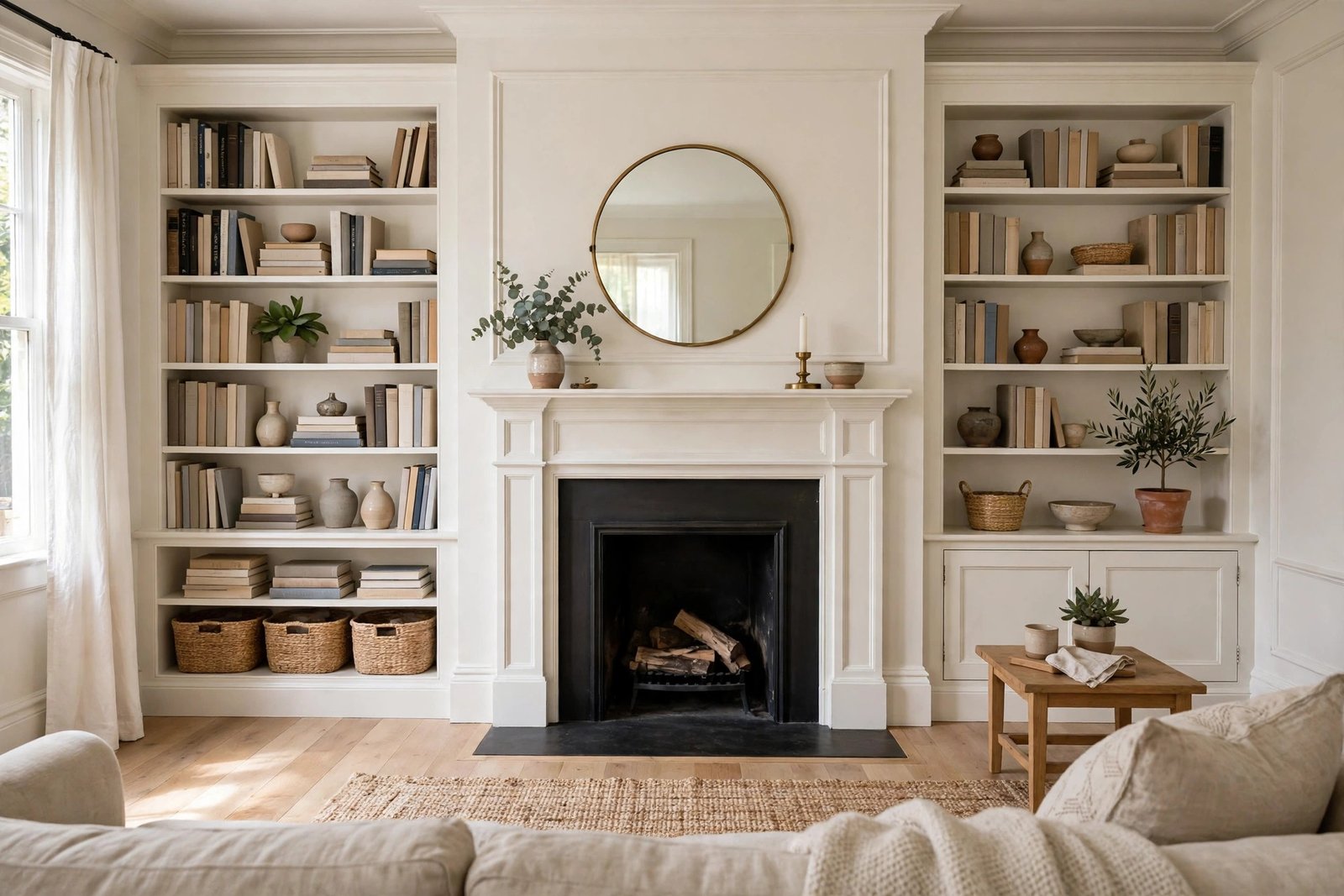 Painted white fireplace surround with built-in bookshelves and a round mirror above the mantel