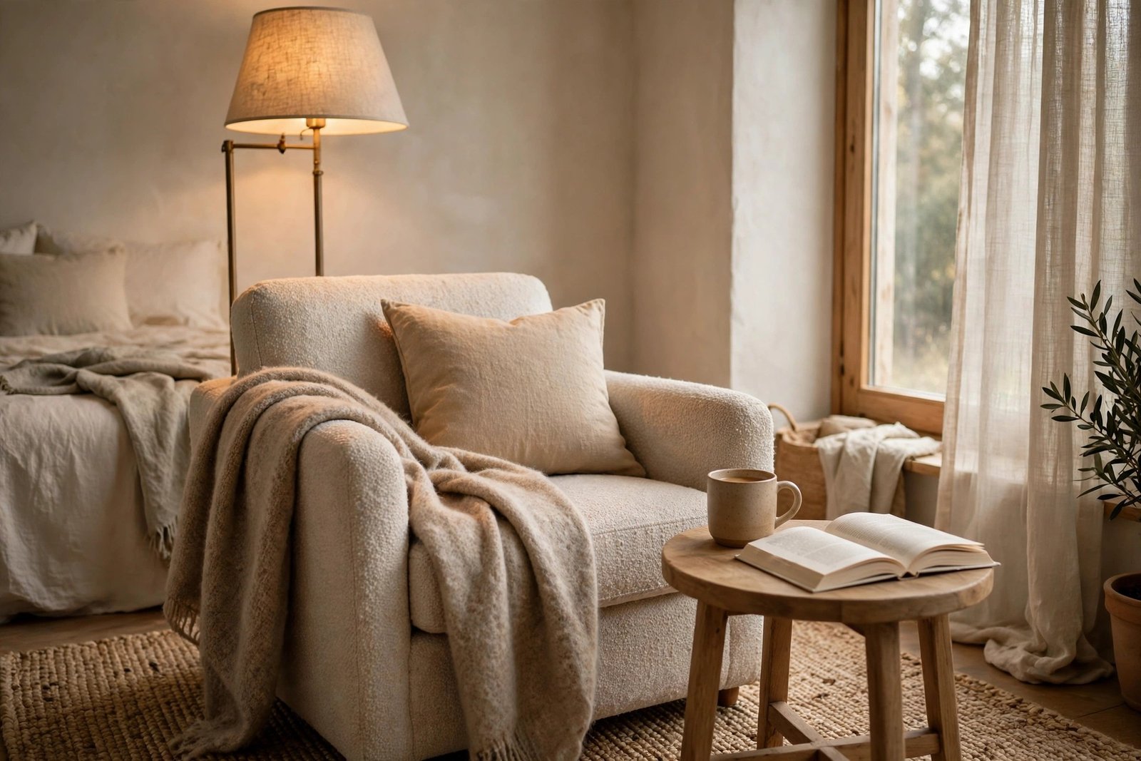 Cozy bedroom reading nook with armchair, throw, floor lamp and sheer curtains