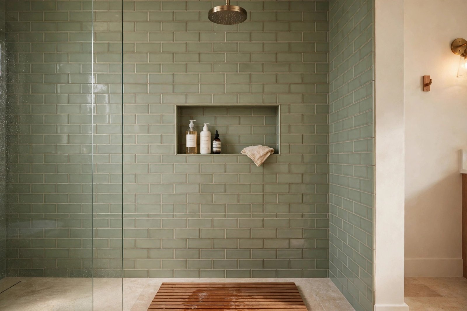 Walk-in shower in a guest bathroom with sage green subway tiles, built-in niche and teak bath mat