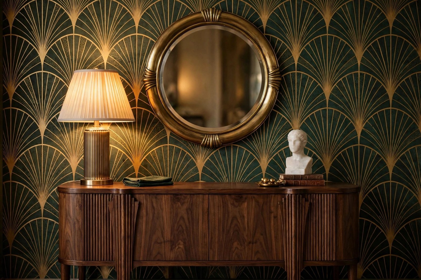 Brass-framed round mirror with geometric fan wallpaper in a neo deco interior