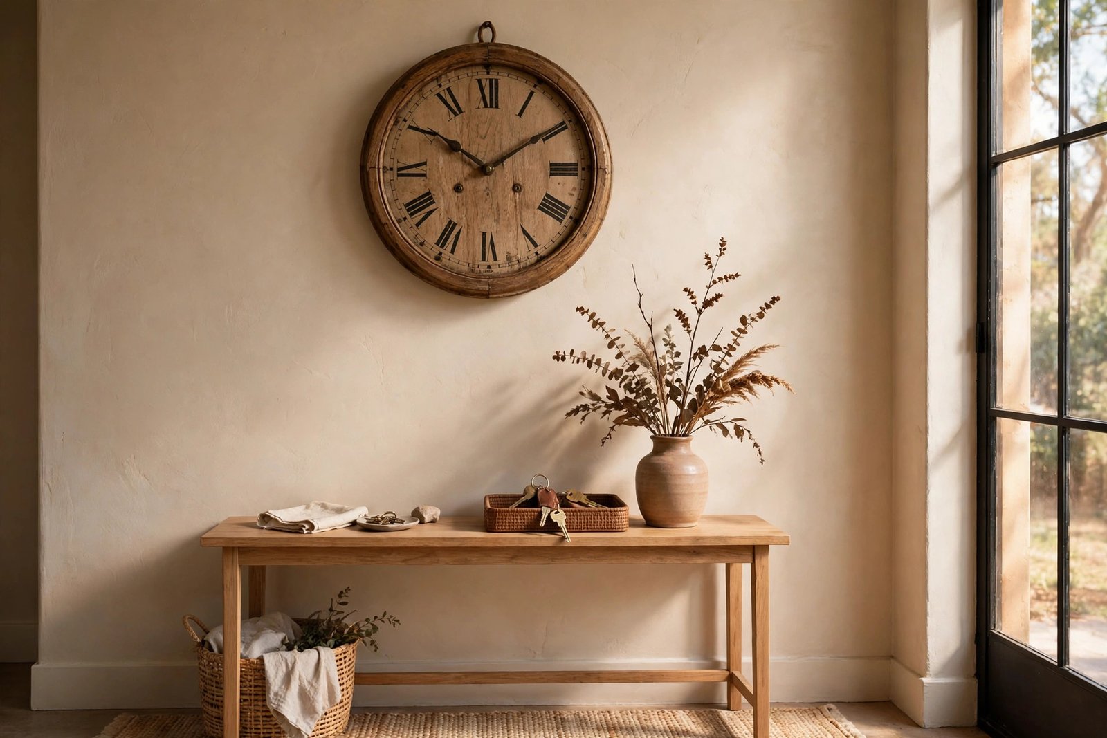 Vintage wall clock decor ideas for an entryway: medium oak clock above a slim wooden console table