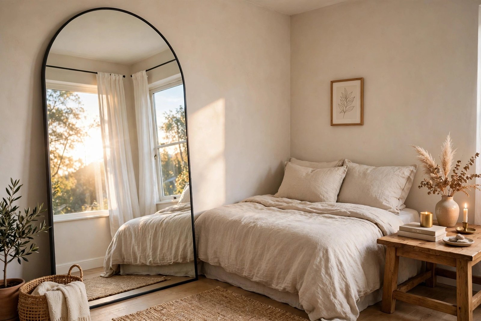 Tall arched mirror leaning in a small neutral bedroom reflecting warm daylight