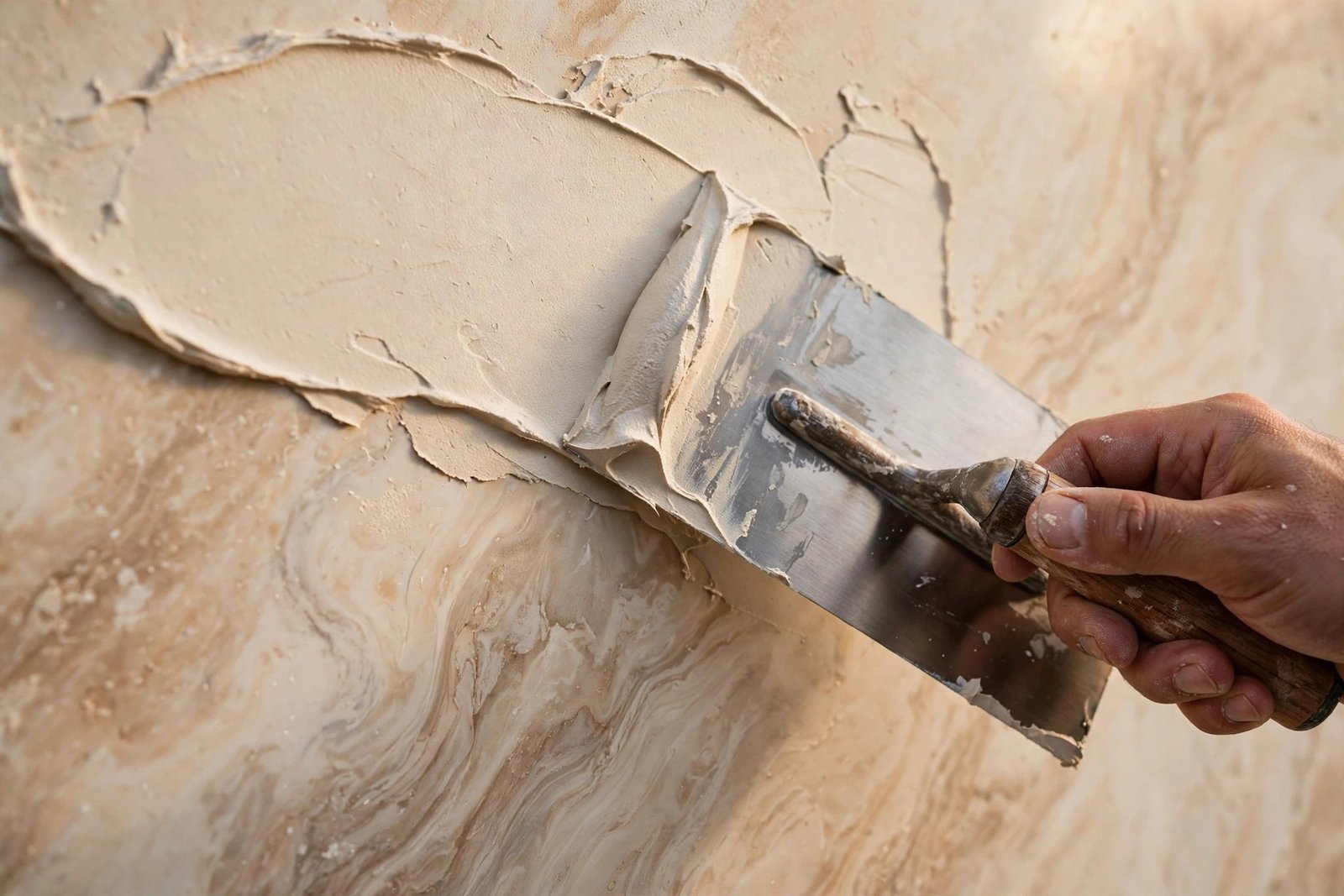 Steel trowel applying venetian plaster to a wall in smooth strokes