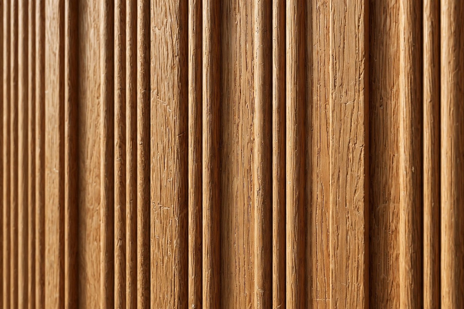 Close-up of fluted wood panel ideas showing vertical grooves in warm oak