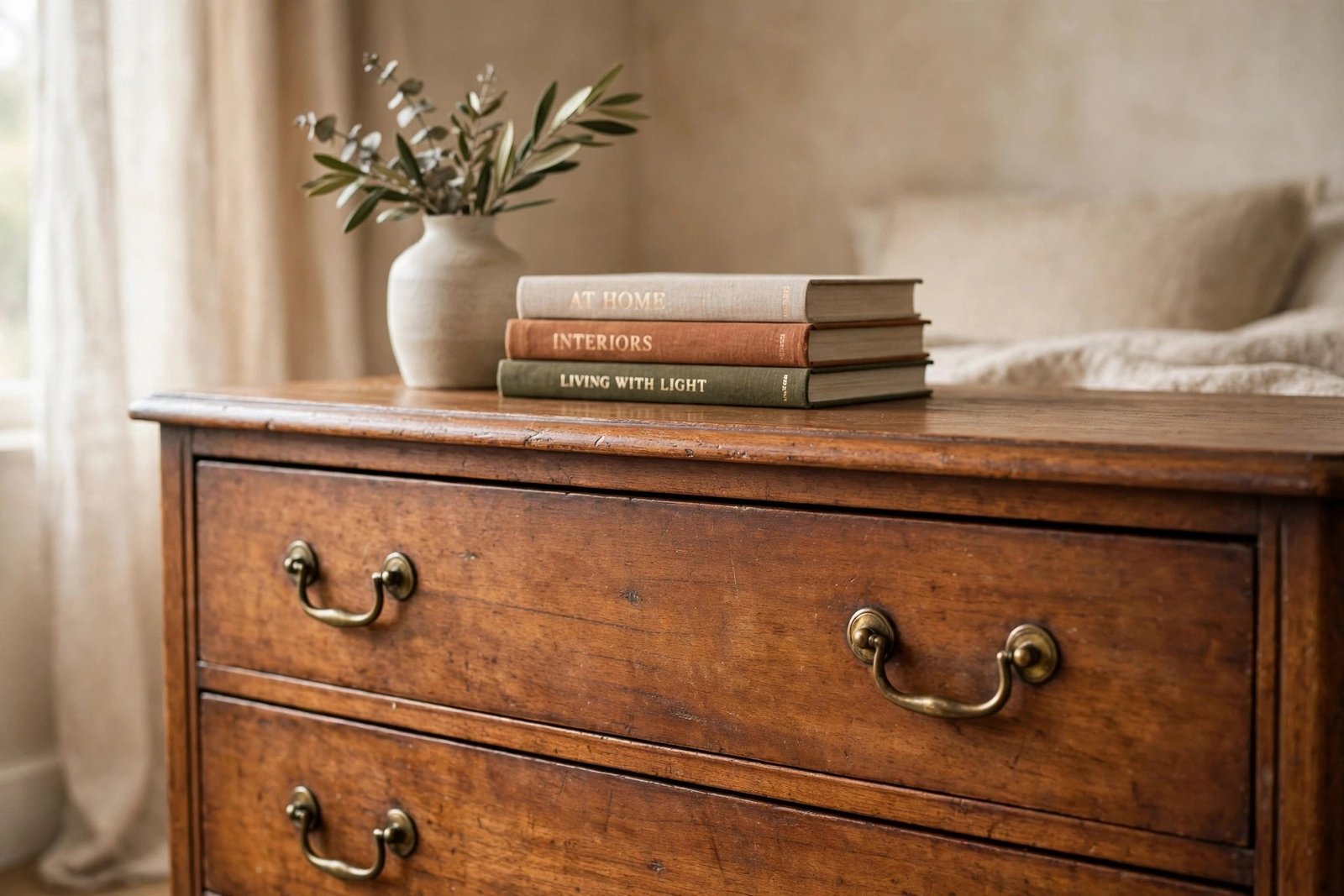 Restored vintage solid wood dresser with brass handles in a warm neutral bedroom
