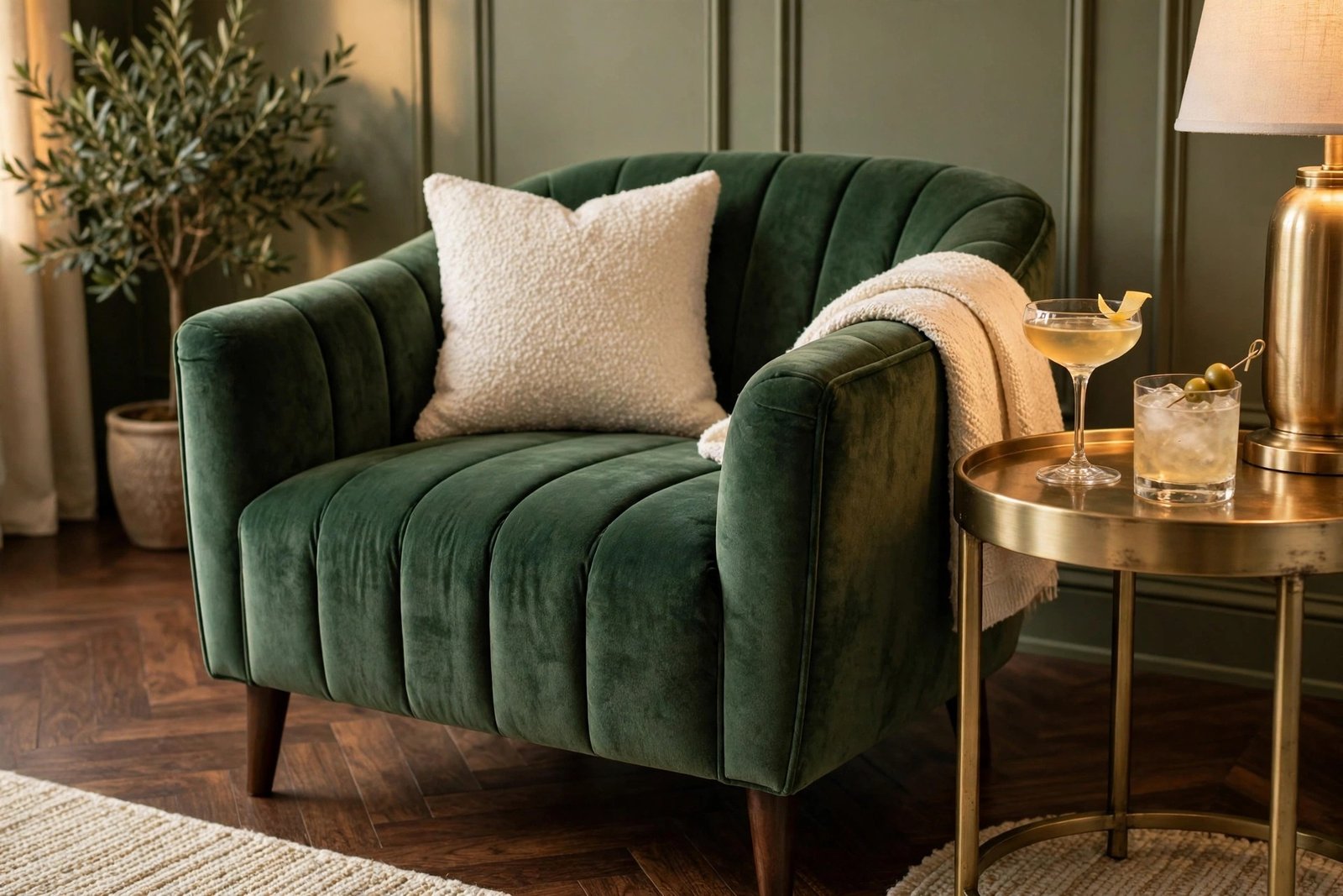 Forest green velvet armchair with brass side table in warm light