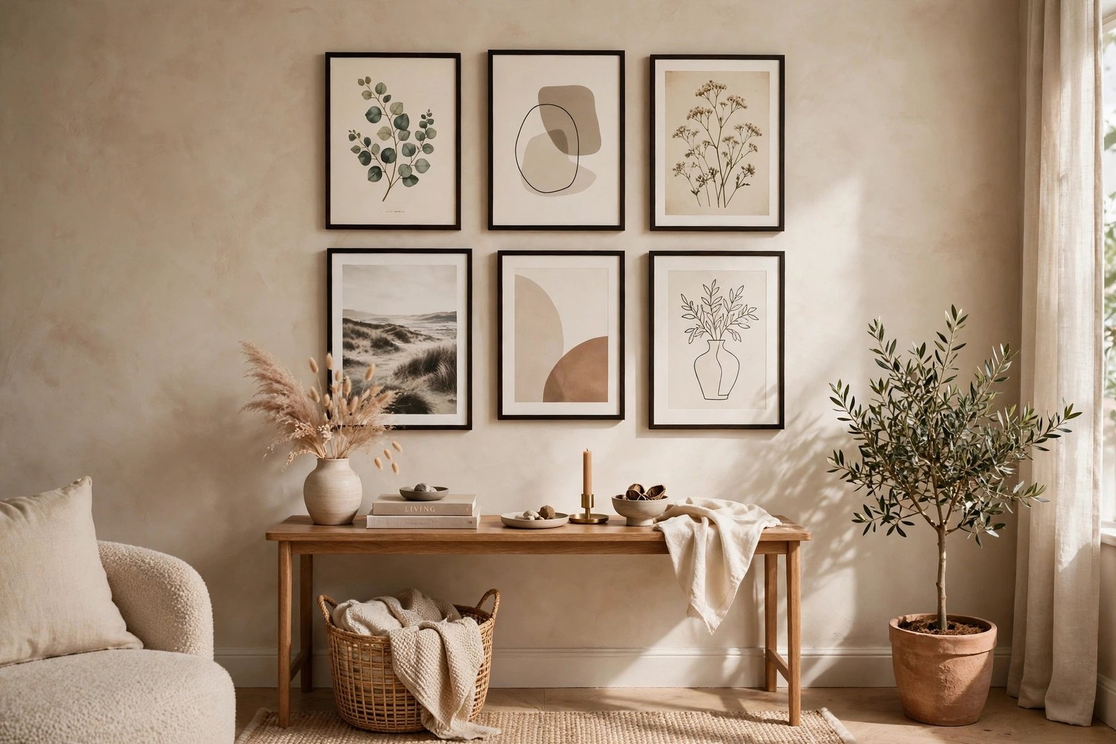 Contained gallery wall as statement wall decor for small rooms above a slim console table
