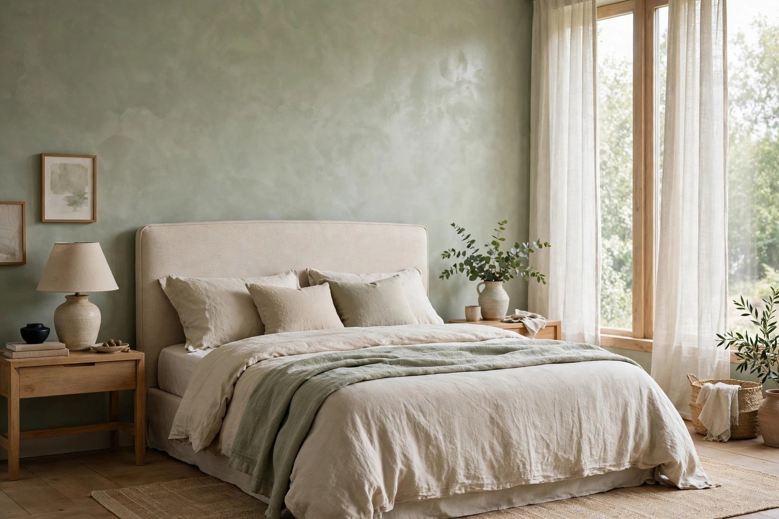 Serene bedroom with sage venetian plaster wall ideas behind the bed