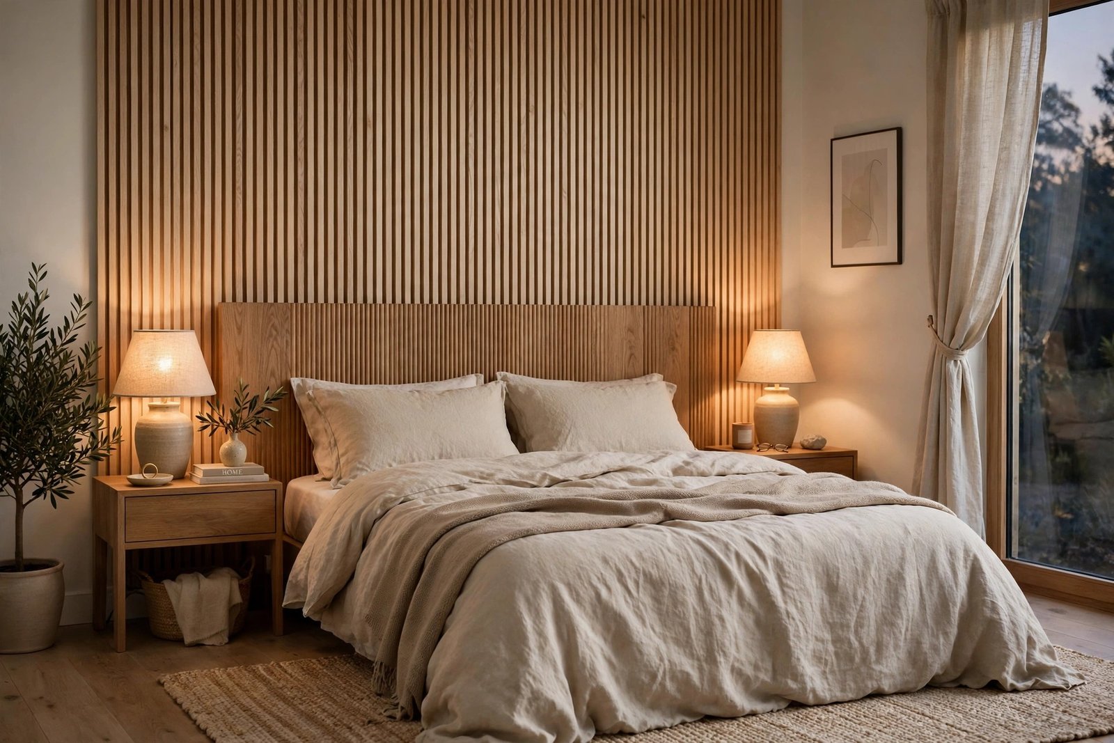 Calm bedroom with fluted wood panel headboard wall in natural oak