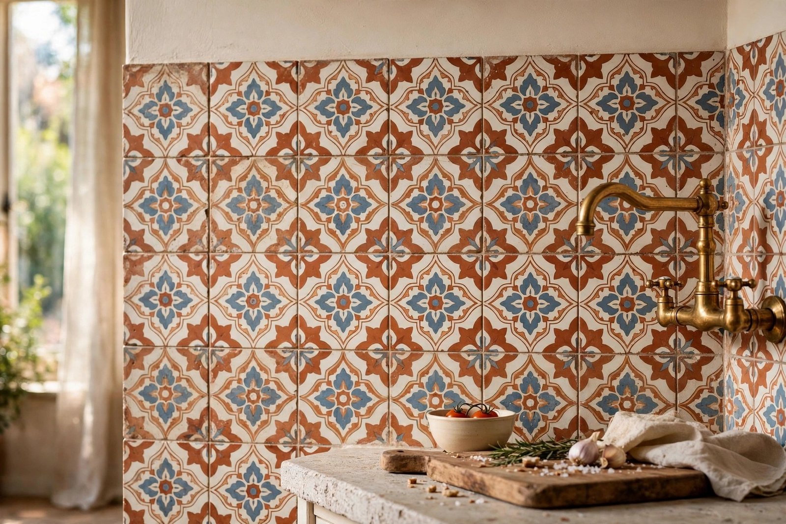 Hand-painted terracotta and cream patterned artisan tile backsplash in a rustic kitchen