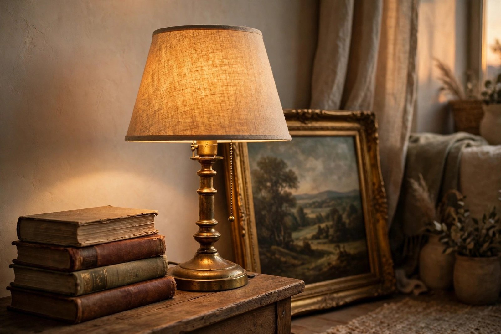 Vintage brass table lamp glowing warmly, one of the best thrift store home decor finds, beside framed art and books