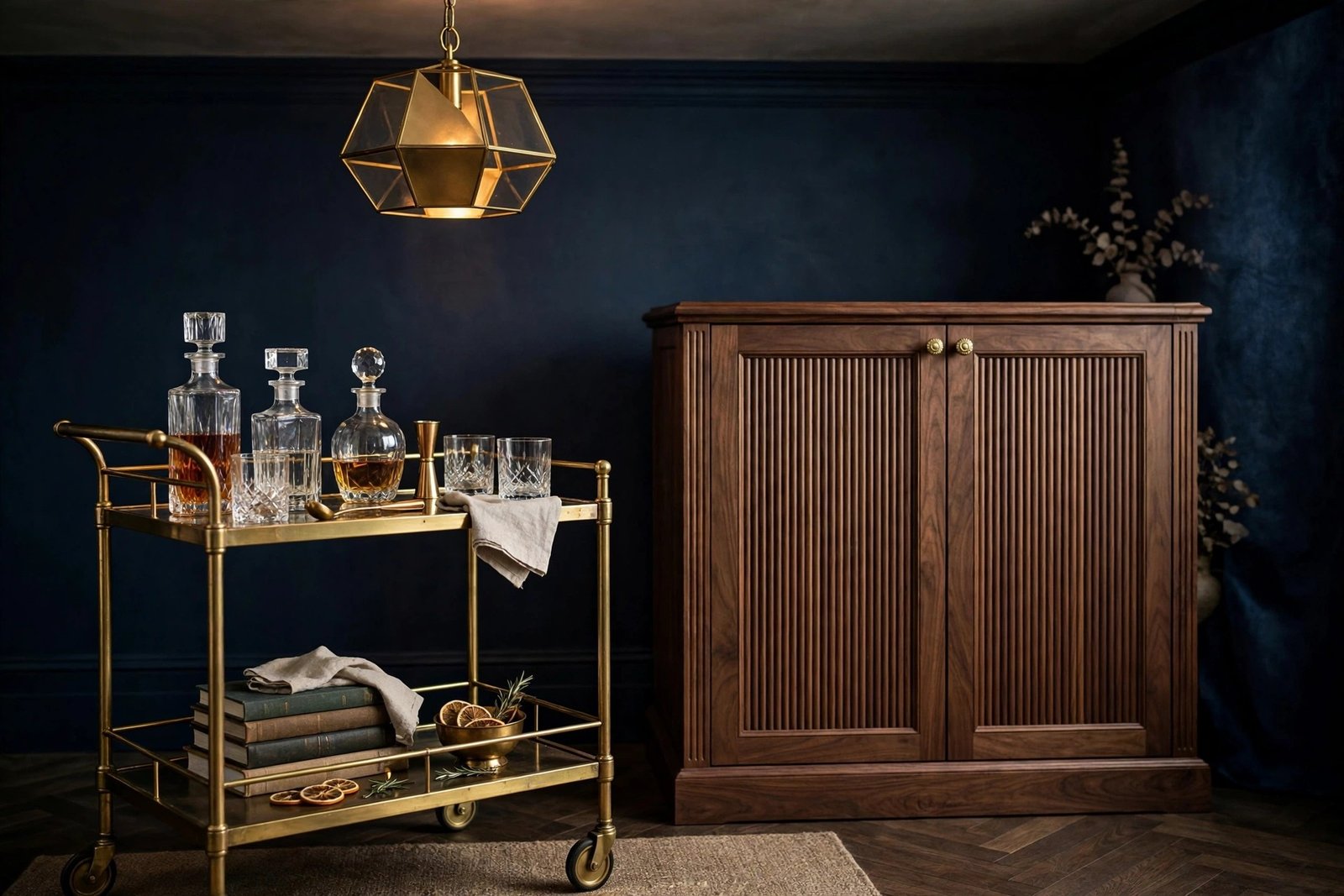 Vintage brass bar cart beside a fluted walnut cabinet against a navy wall