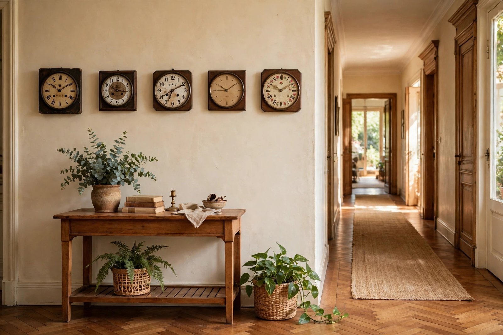 Row of five small vintage clocks in matching dark wood cases along a cream hallway wall