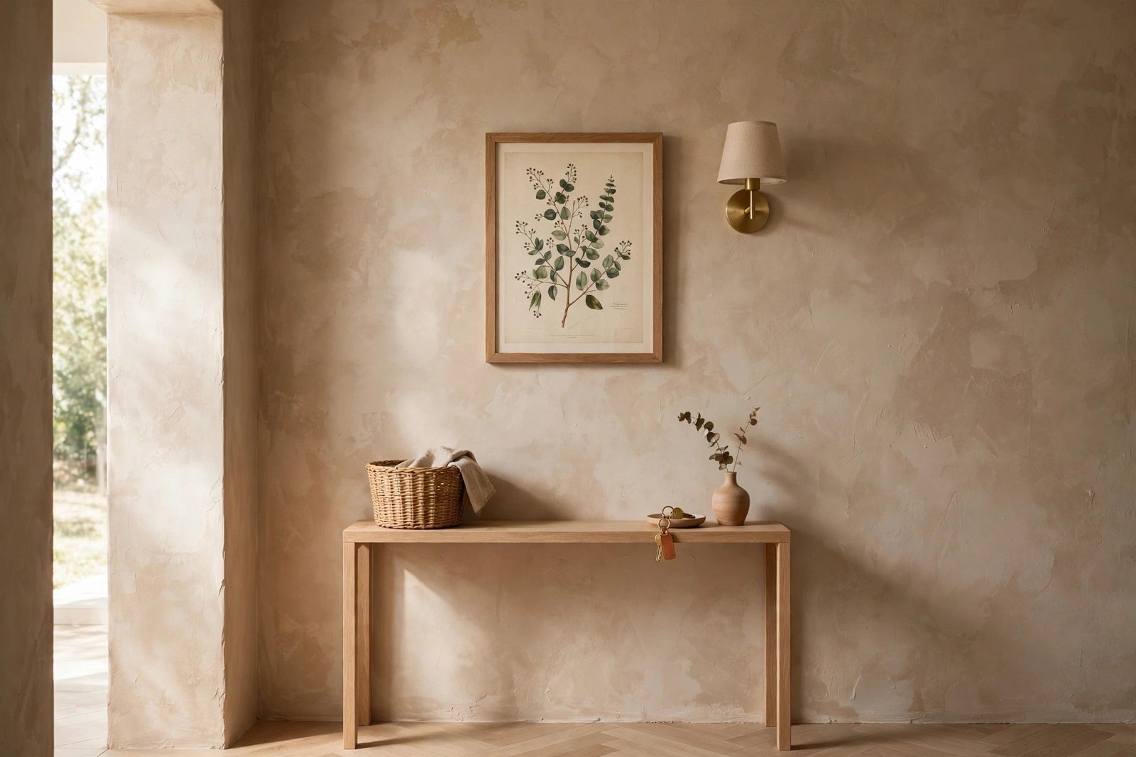 Warm sand-toned textured plaster wall with a framed botanical print and brass sconce