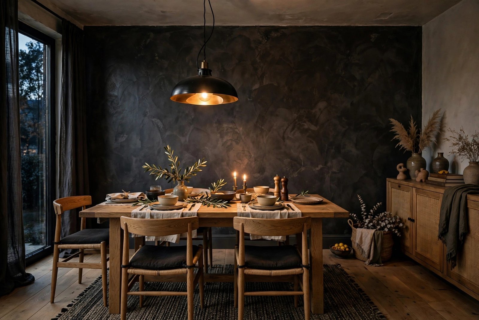 Dramatic dark venetian plaster dining room wall with oak table