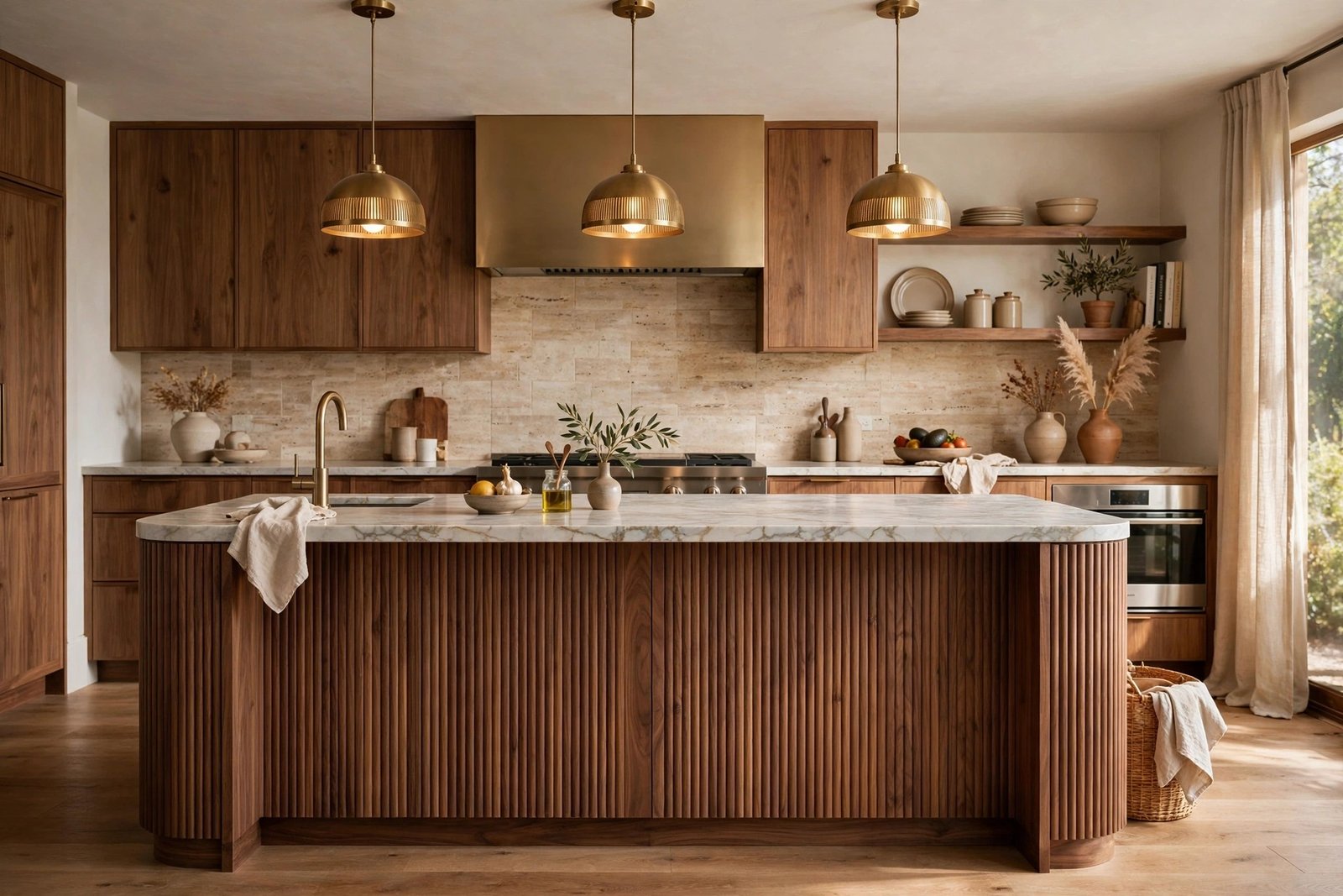 Modern kitchen with walnut fluted wood panel wrapped island
