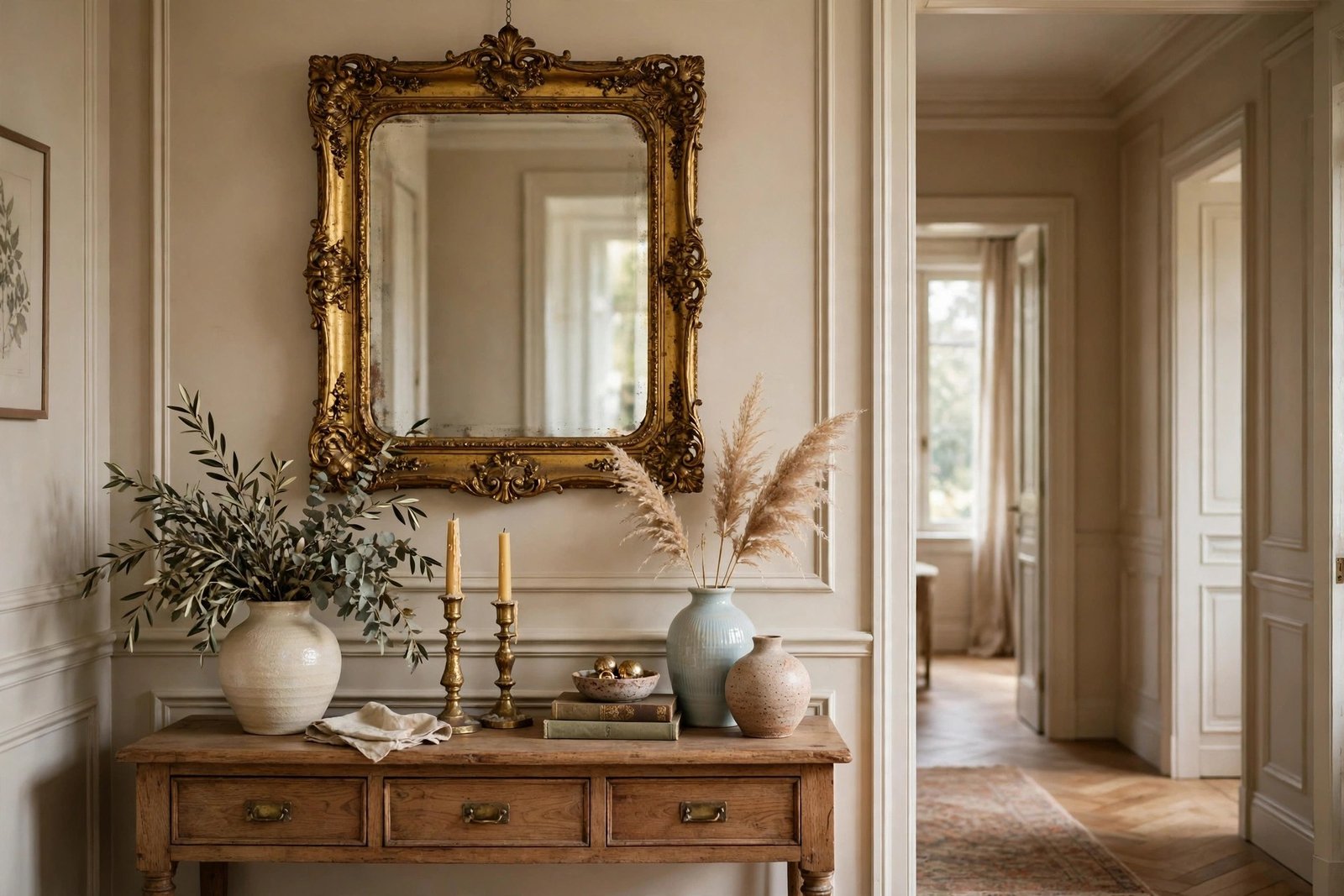 Ornate vintage gilt mirror above a console table with ceramic vases and candlesticks