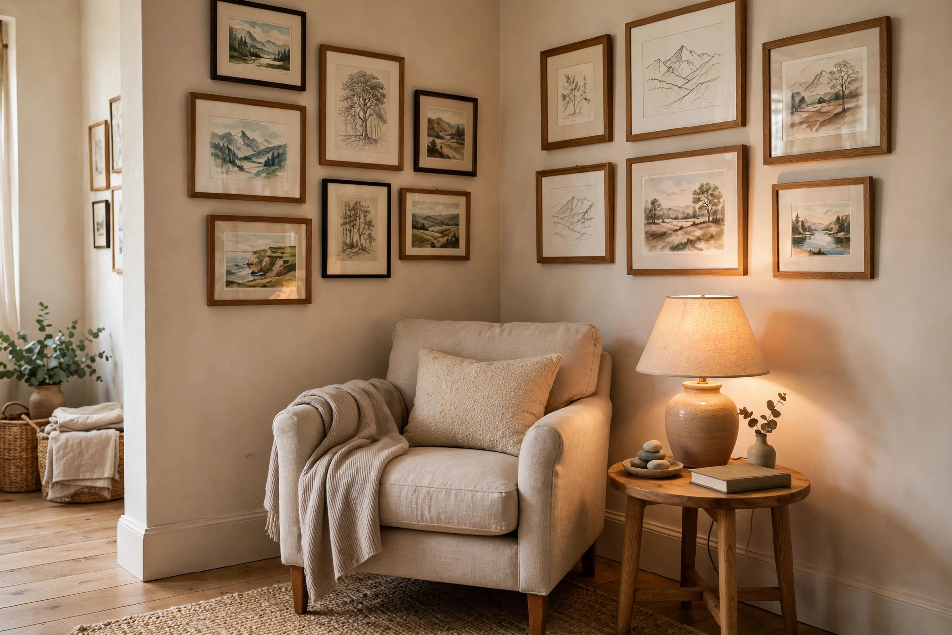 Reading corner vignette with framed landscape prints and sketches on both walls around a cosy armchair