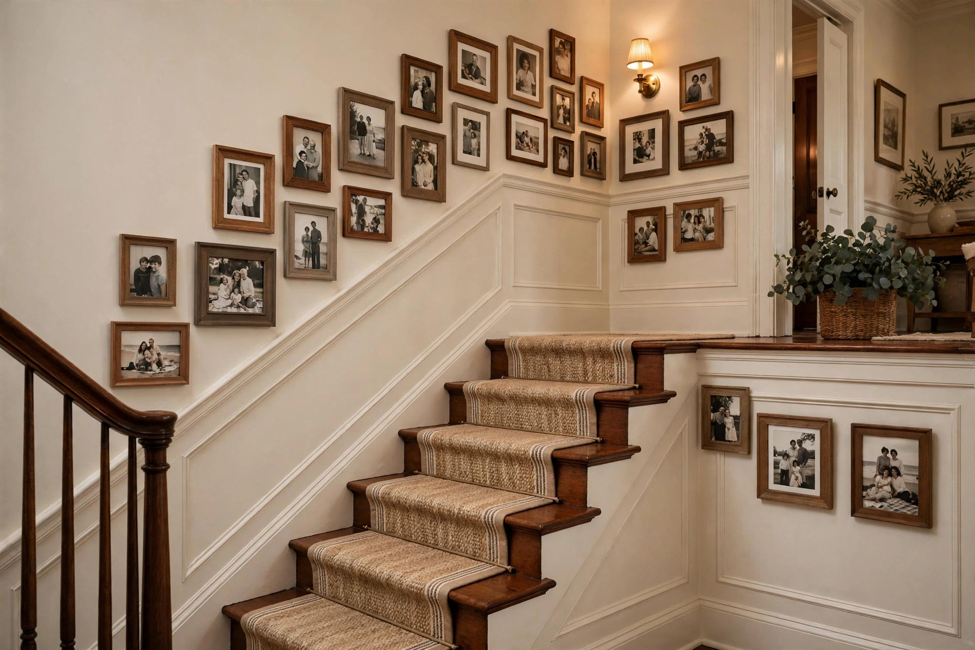 Staircase gallery wall with family photographs in wooden frames wrapping around a landing corner