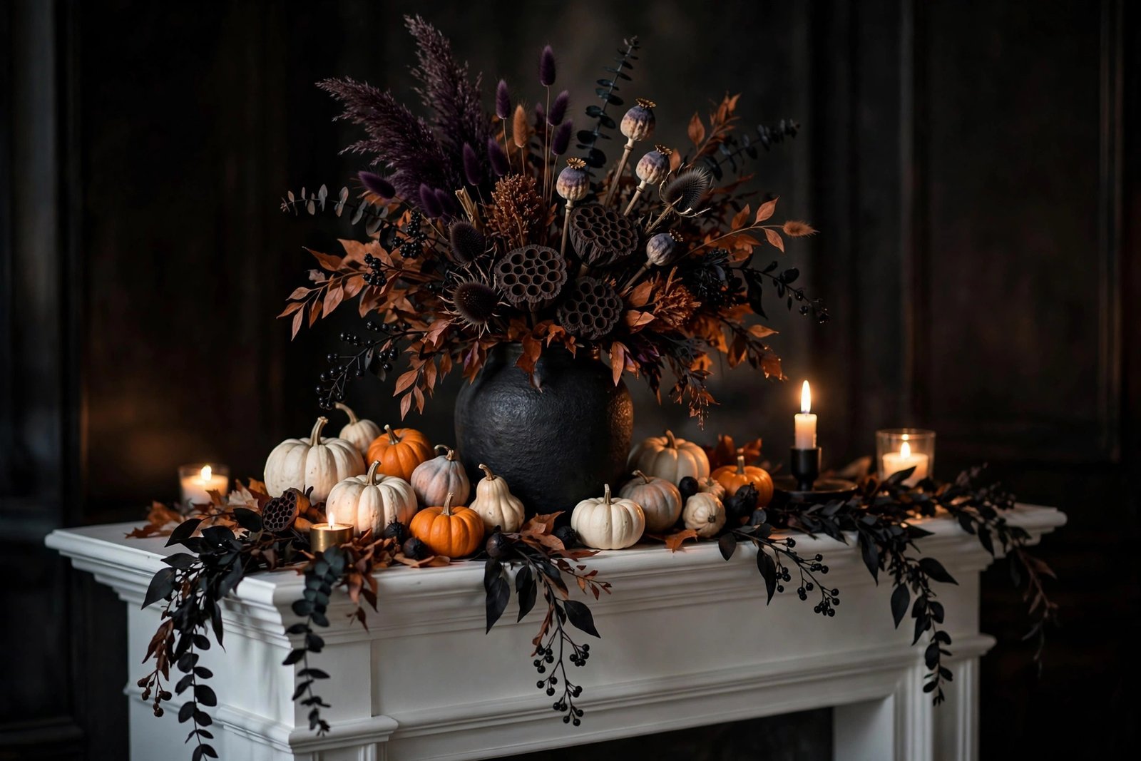 Dried dark florals and heirloom mini pumpkins styled on a mantel