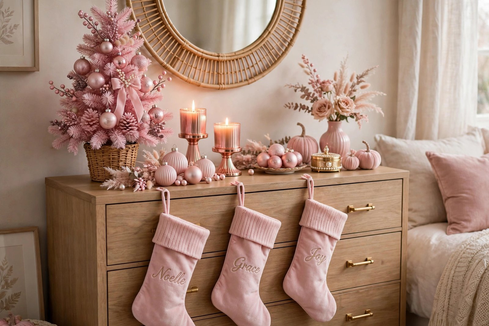 Bedroom dresser styled for Christmas with a mini pink tree, rose-gold candles, and pink stockings