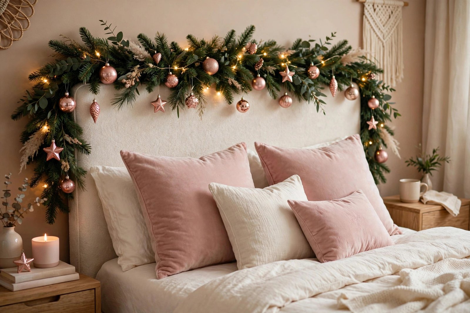 Bedroom headboard styled with a Christmas garland, rose-gold ornaments, and blush pink velvet pillows
