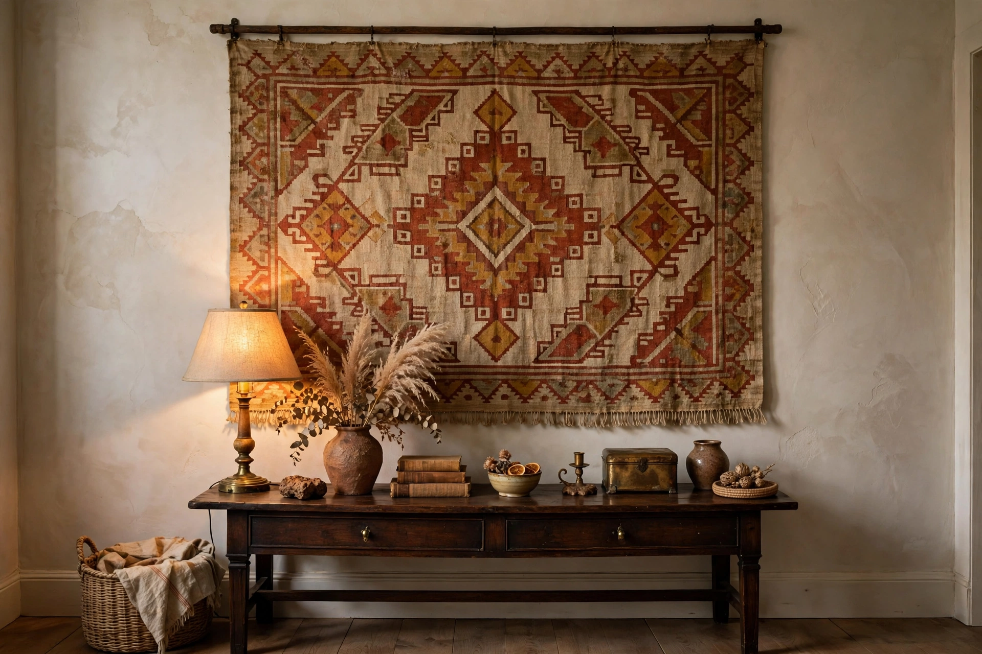 Large antique woven tapestry in rust and cream tones above a dark wooden console