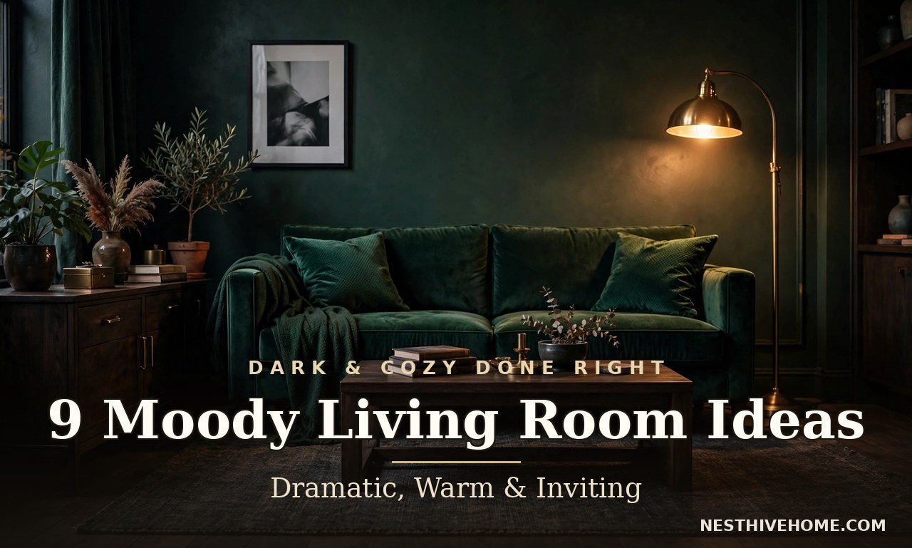 Moody living room ideas: dramatic dark green living room with velvet sofa and brass lamp