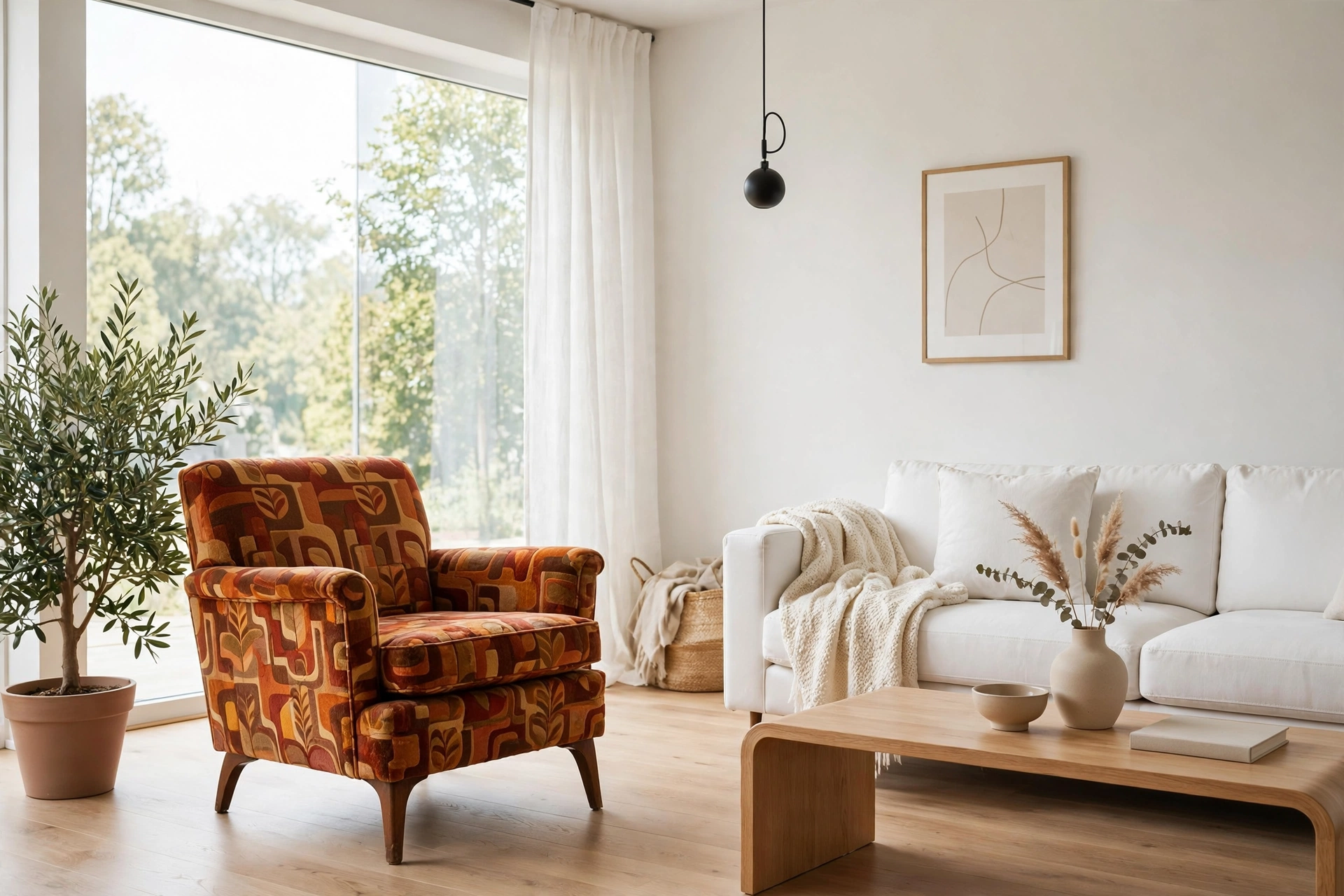 Vintage home decor ideas in practice: a 1970s patterned armchair styled in a bright modern living room