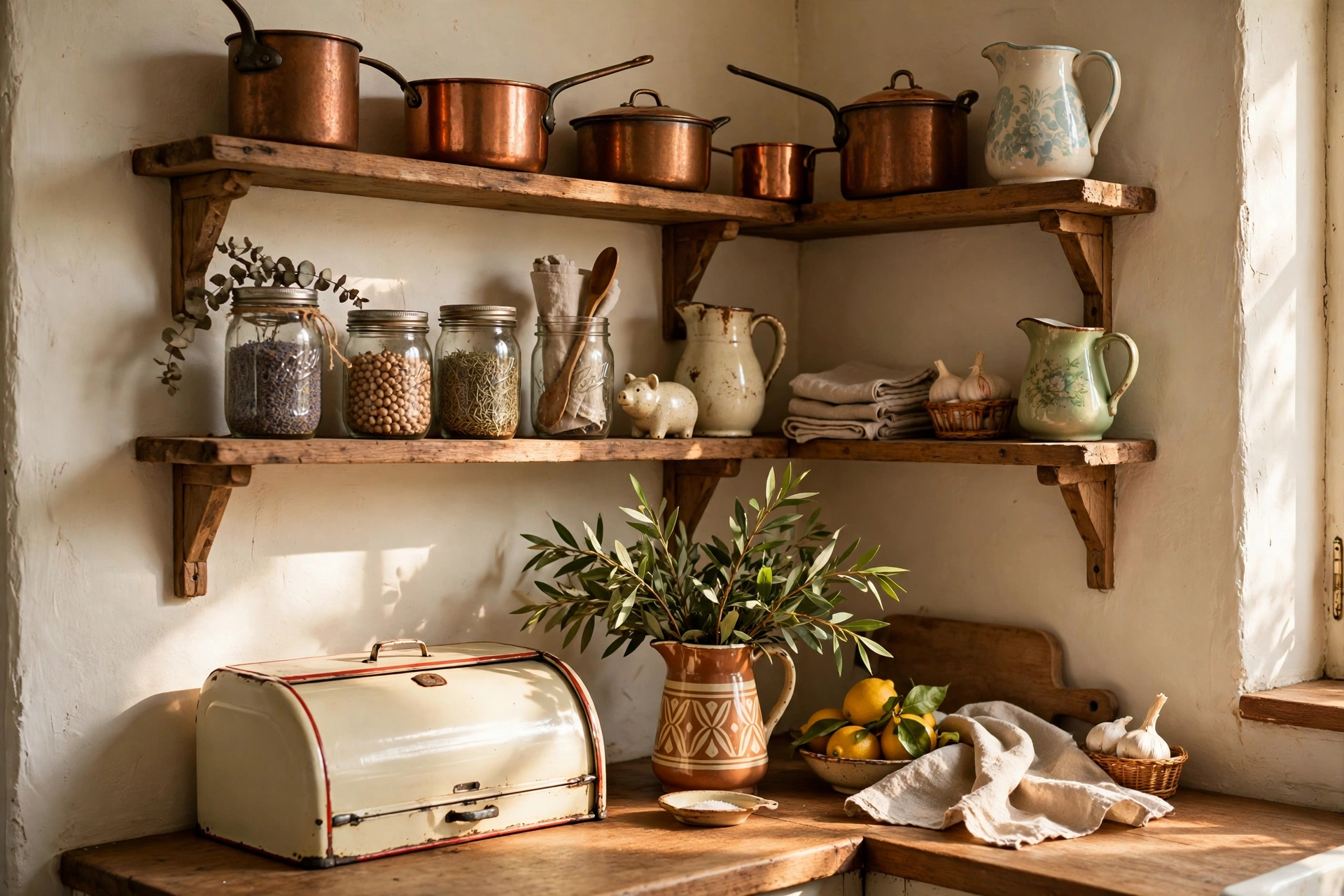 Vintage kitchen corner with open shelving, copper pots and retro ceramics