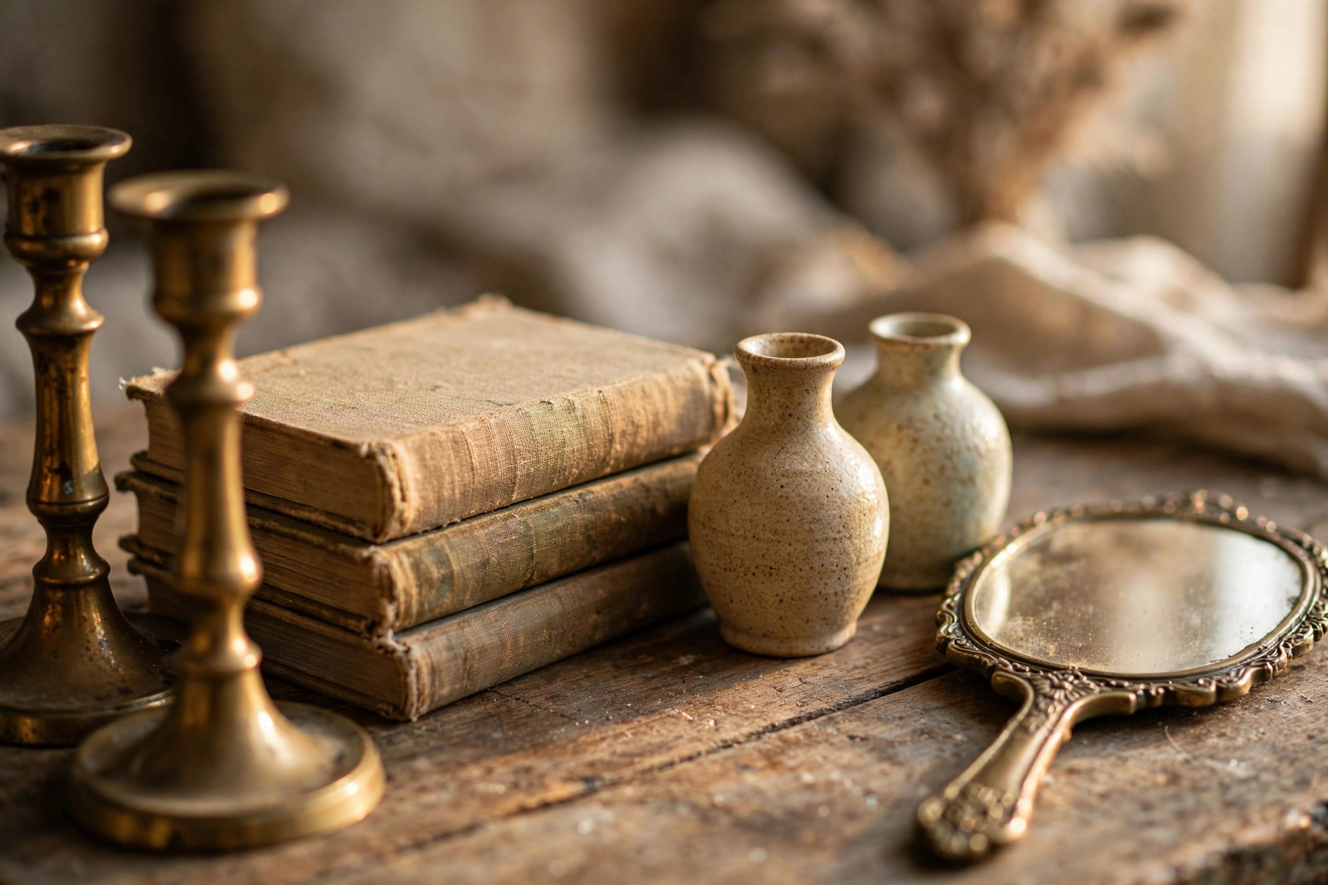 Thrifted vintage finds including brass candlesticks, ceramic vases and old books on a wooden table